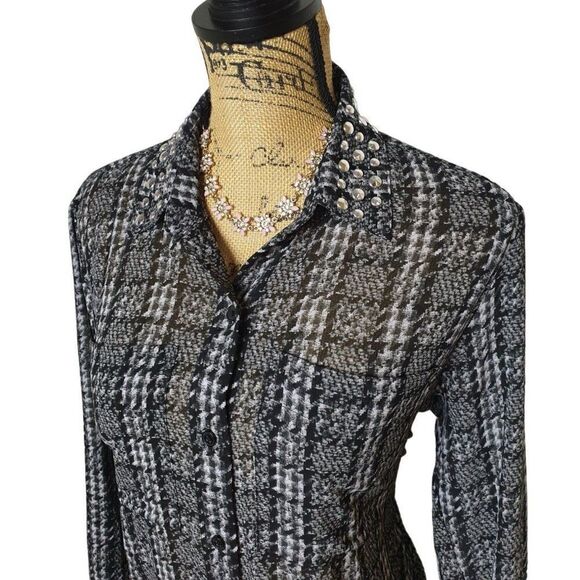 Michael Michael Kor Semi Sheer Blouse Roll Tab Sleeves Studded Med NWOT - Picture 2 of 7